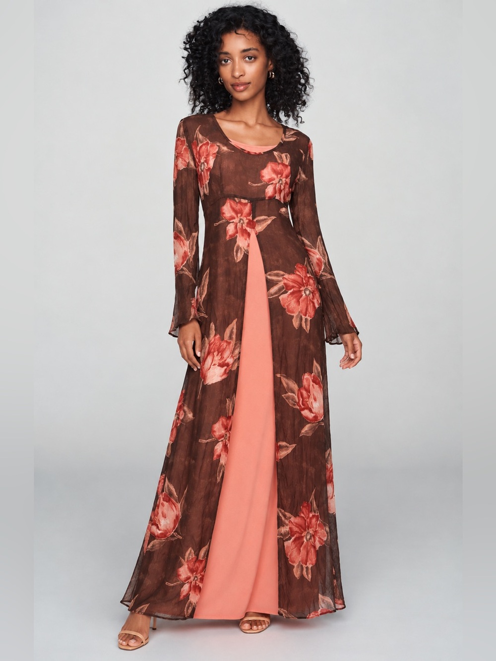 Vintage Lew Magram 2 Piece Floral Maxi Dress Size 6 Sheer Overlay